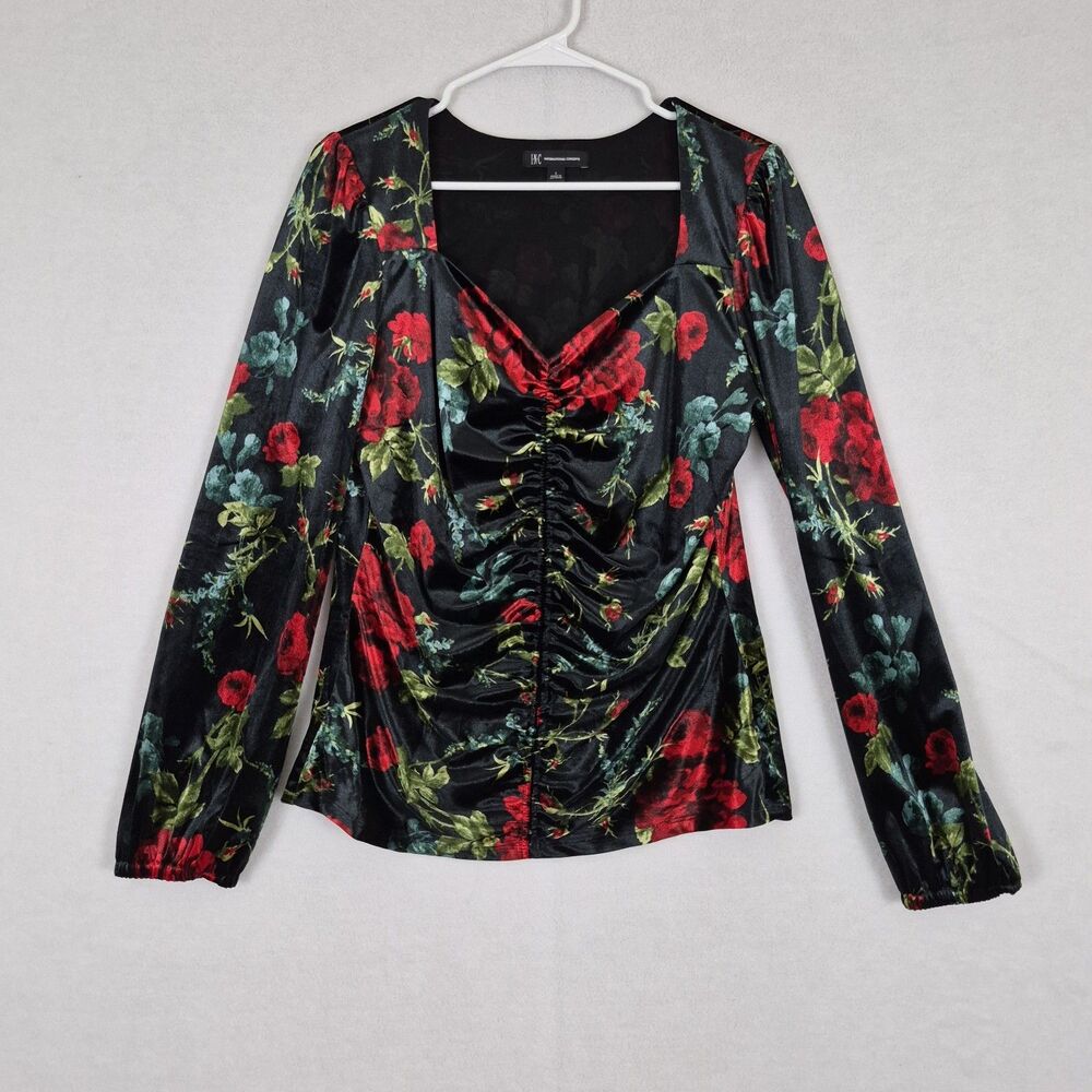 Velvet Floral Long Sleeve Sweetheart Neckline Blouse Large Whimsigoth 90s Y2k.